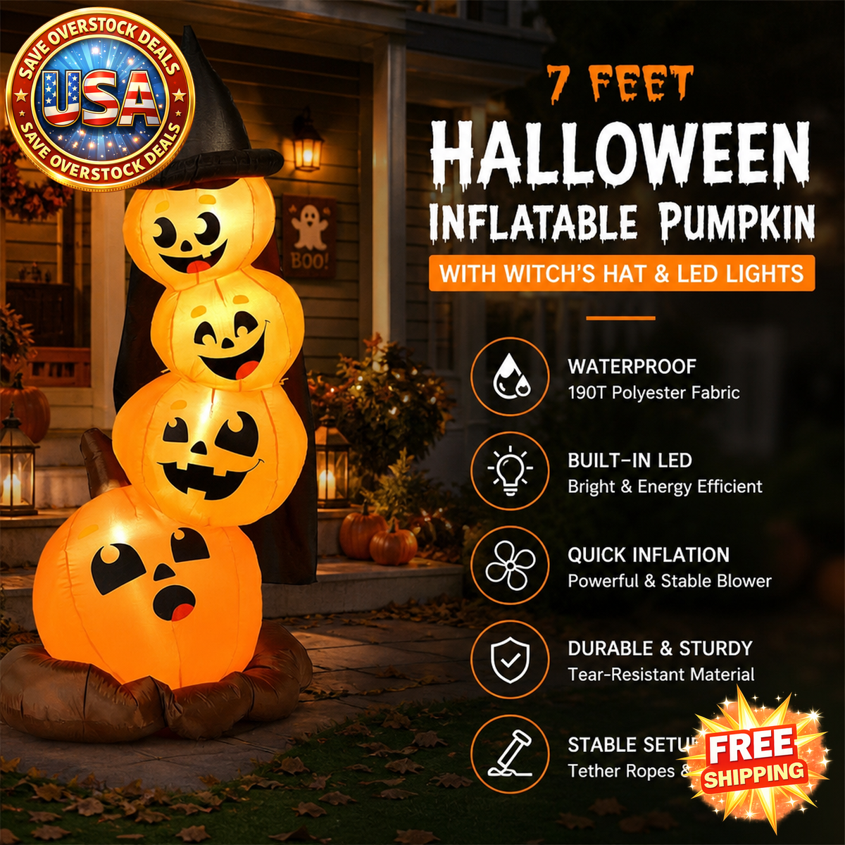 7 Feet Inflatable Pumpkin Combo with Witch's Hat and LED Lights