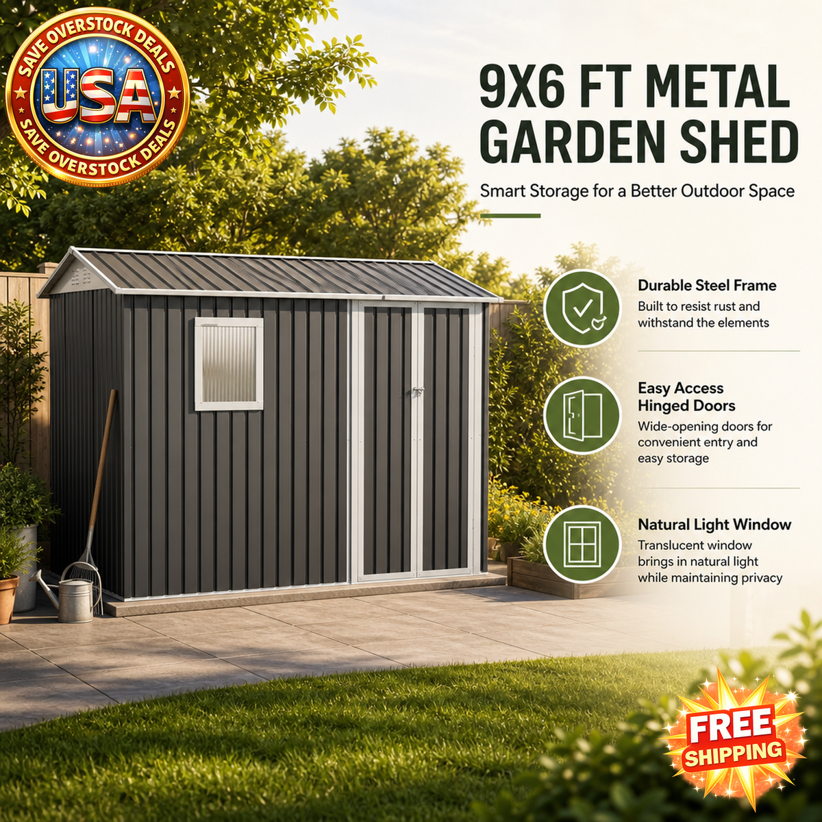 9x6 FT Metal Garden Shed with Windows and Hinged Doors