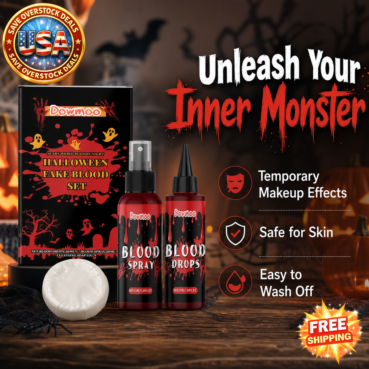 DOWMOO 3-Piece Halloween Fake Blood Makeup Set, 3 Piece Set