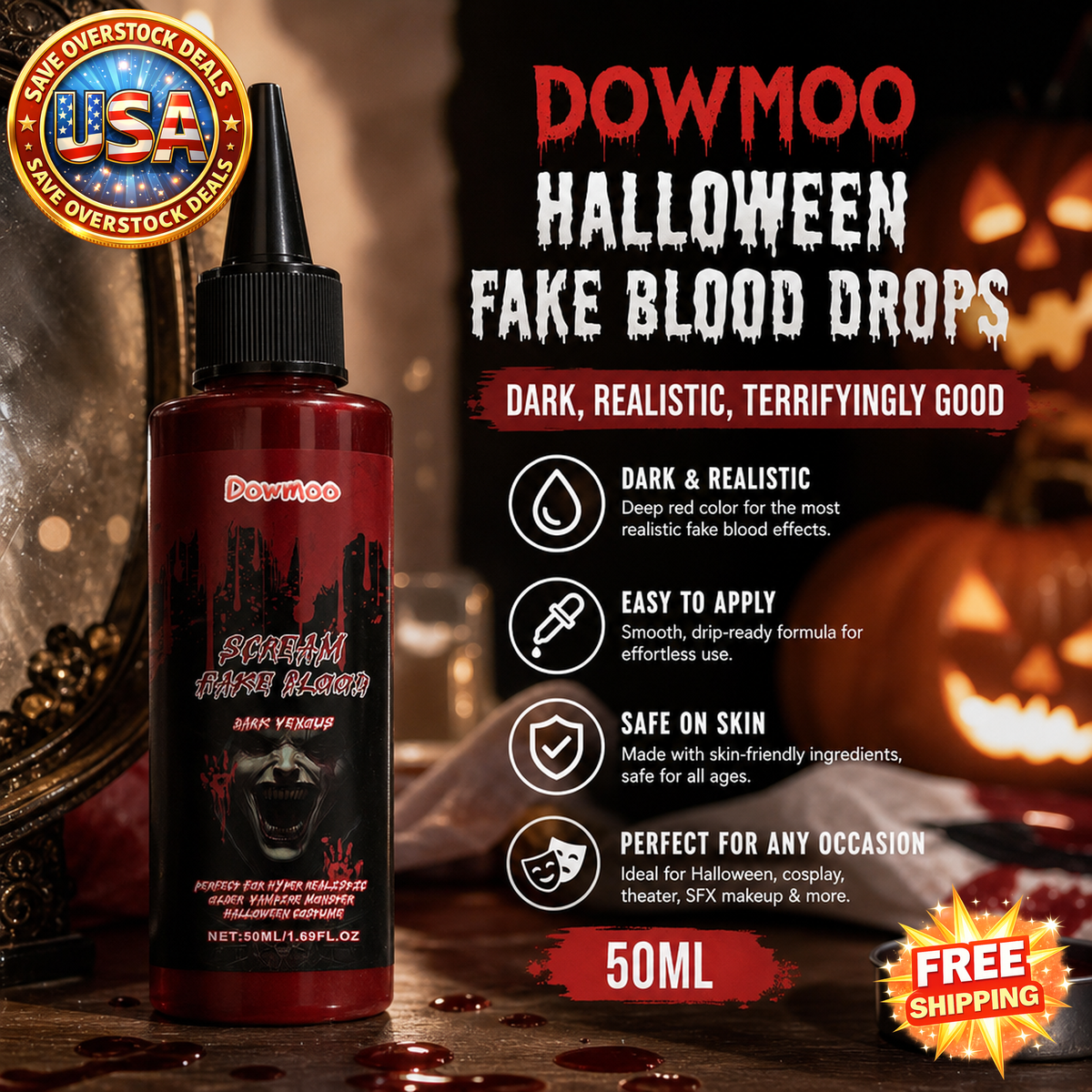 DOWMOO Halloween Fake Blood Drops, 50 ml for Makeup