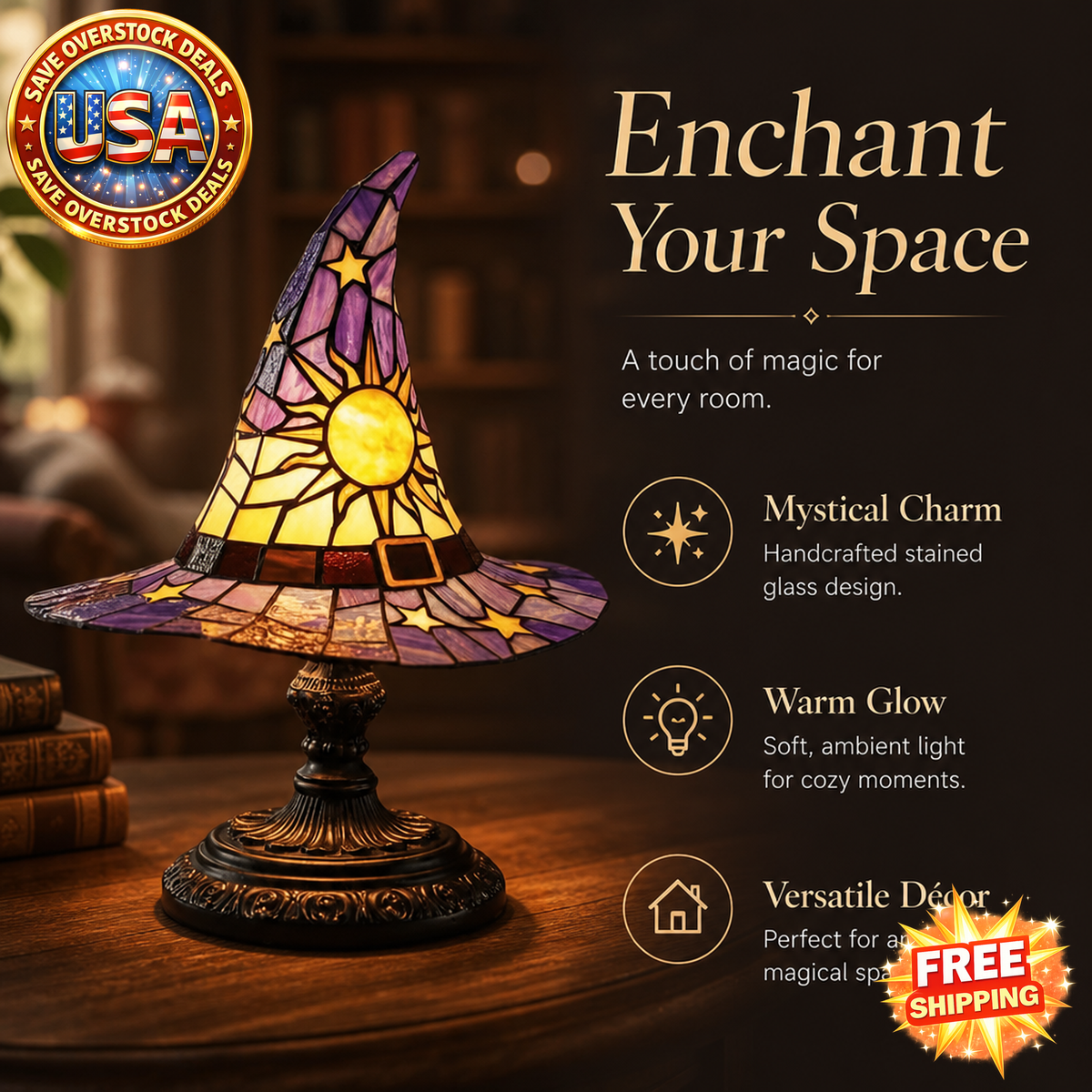 Handcrafted Stained Glass Wizard Hat Table Lamp for Decor