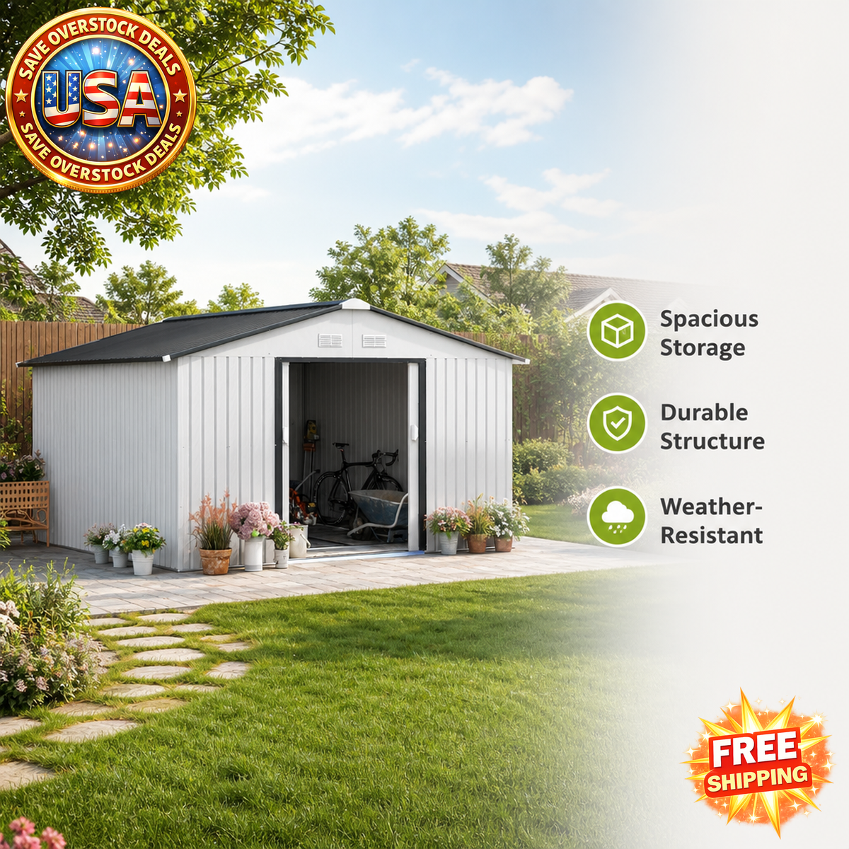 Metal Garden Shed with Double Locking Doors for Outdoor Storage