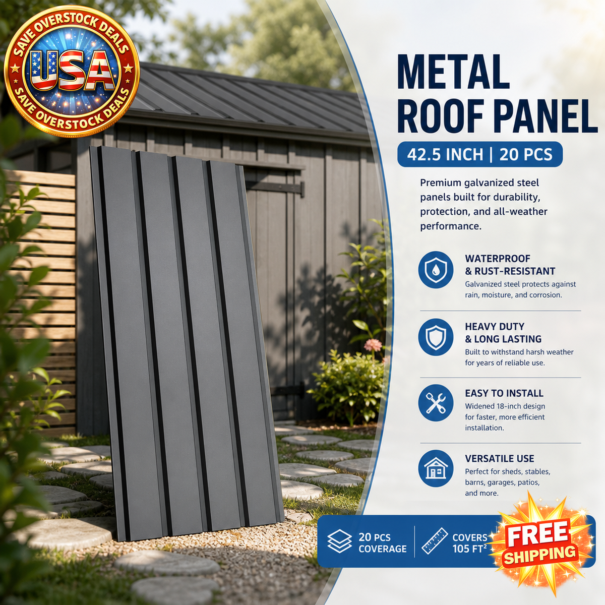 Galvanized Metal Roof Panels 42.5 IN, 20 PCS Waterproof