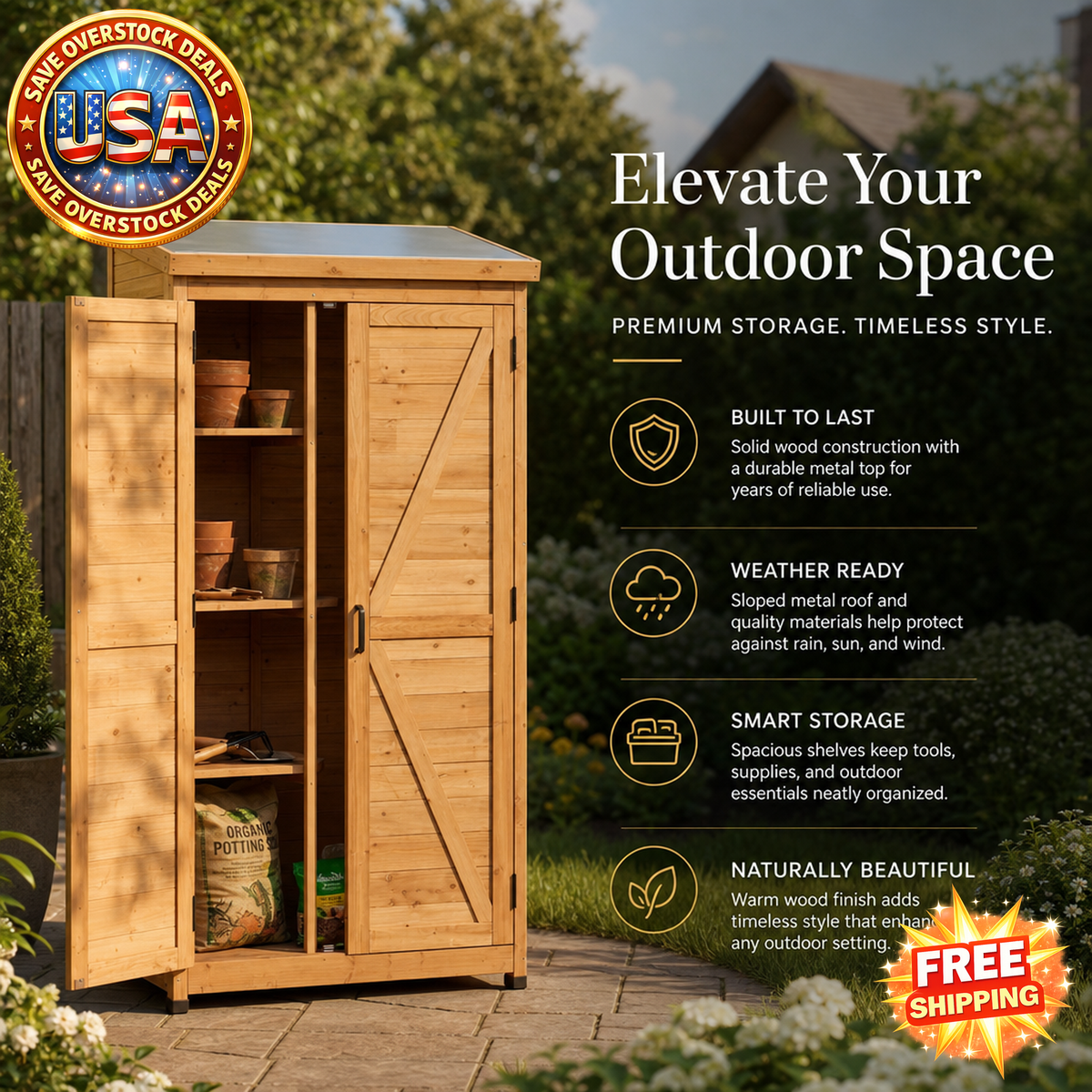 Outdoor Wooden Storage Shed with Metal Top for Garden
