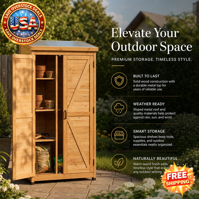 Outdoor Wooden Storage Shed with Metal Top for Garden