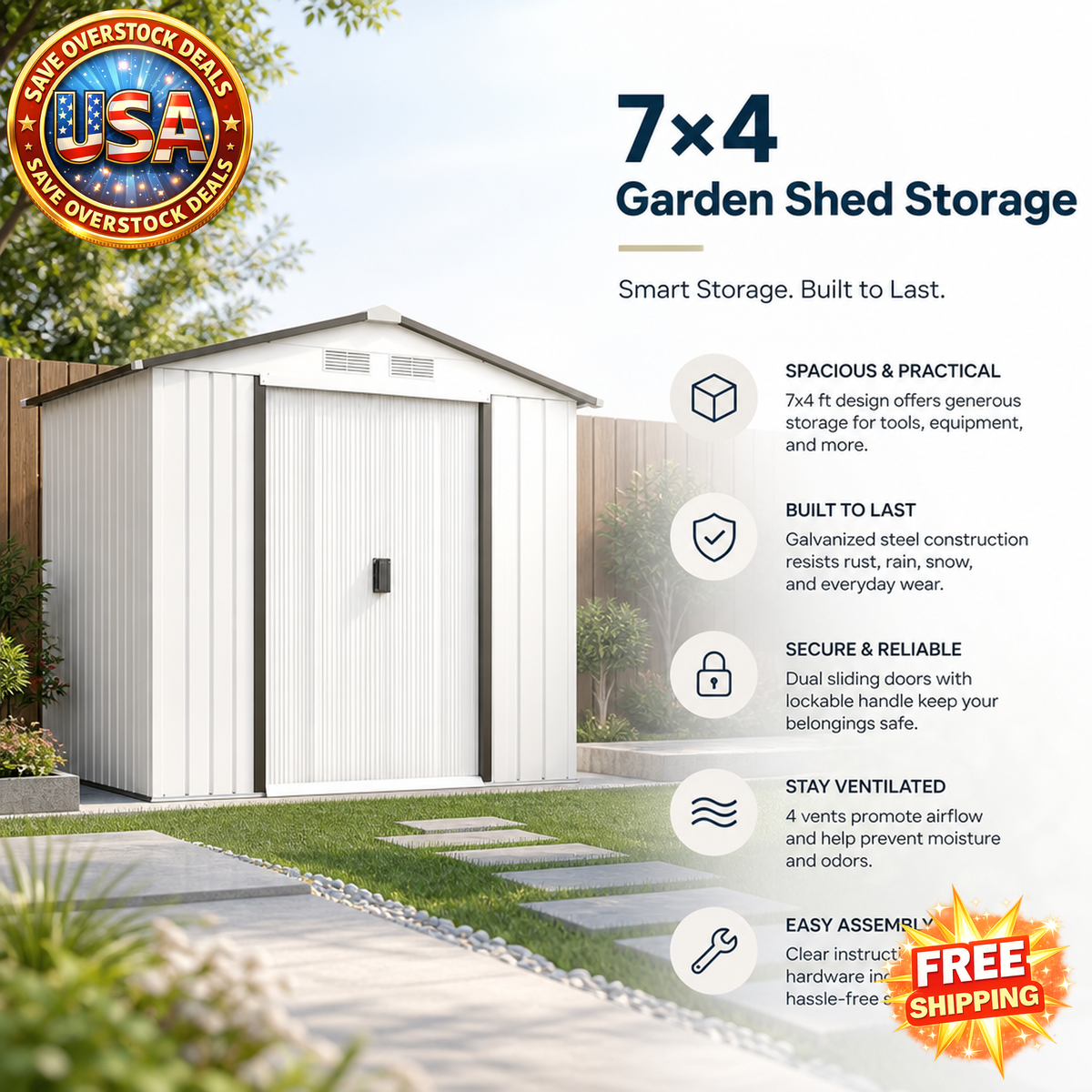White 7x4 Garden Shed with Sliding Doors and Vents