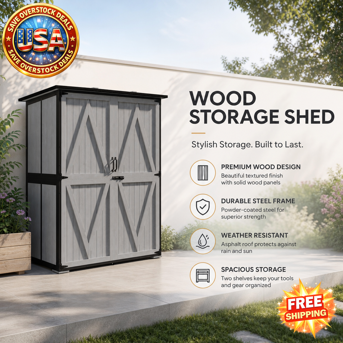 Wood Storage Shed with Asphalt Roof and Adjustable Shelves