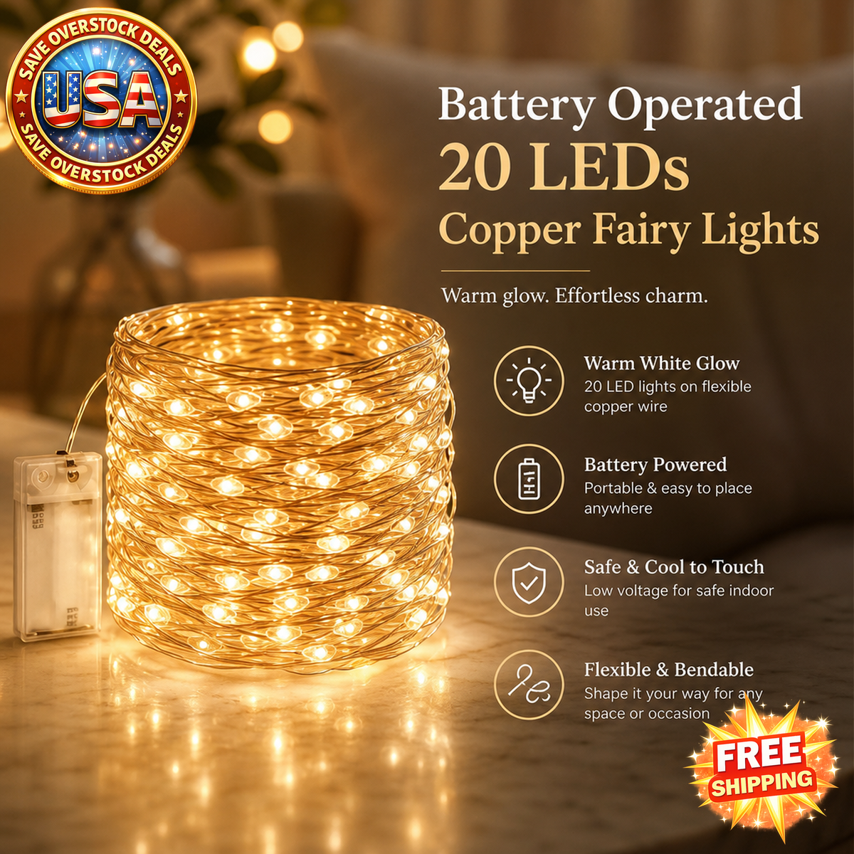 Battery Operated 20 LEDs Copper Fairy Lights with Timer