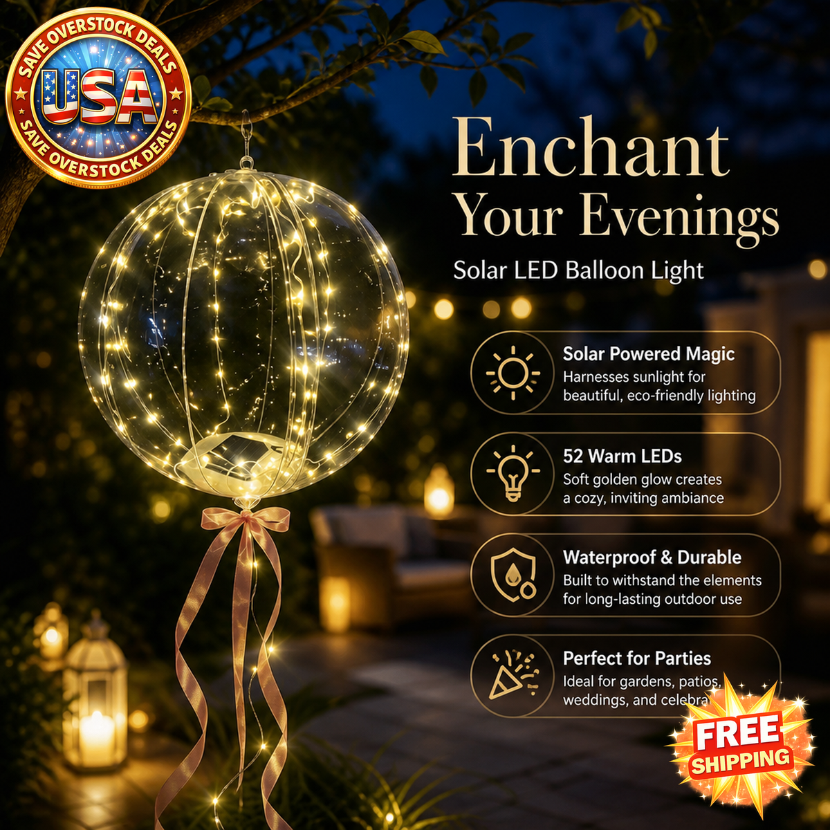 Solar LED Balloon Light, 52 LEDs, 34CM Waterproof Outdoor Decor