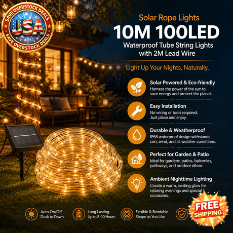 Solar Rope Lights 10M 100LED, Waterproof Outdoor String Lights