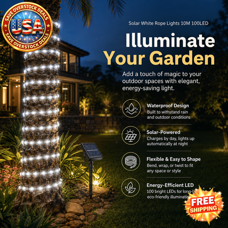 Solar White Rope Lights 10M 100LED, Waterproof Outdoor Decor