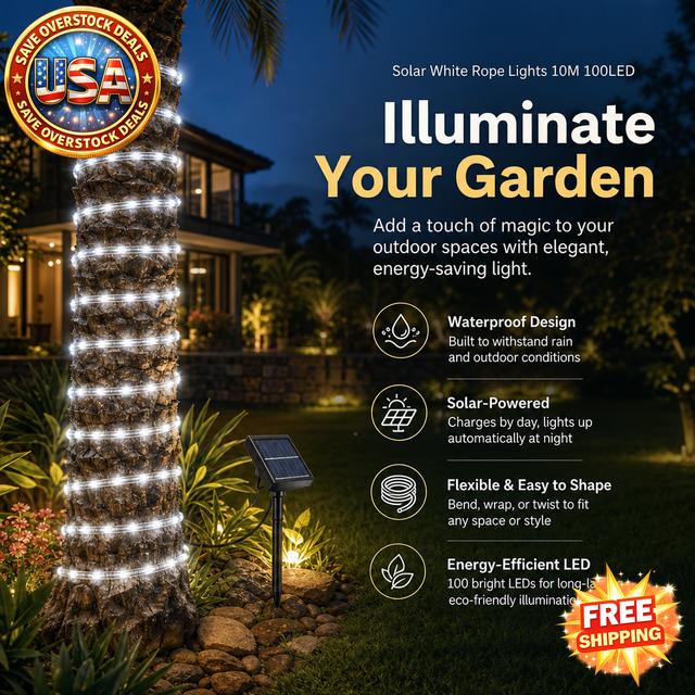 Solar White Rope Lights 10M 100LED, Waterproof Outdoor Decor