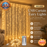 USB Curtain Fairy Lights with Remote Control, 300 LEDs