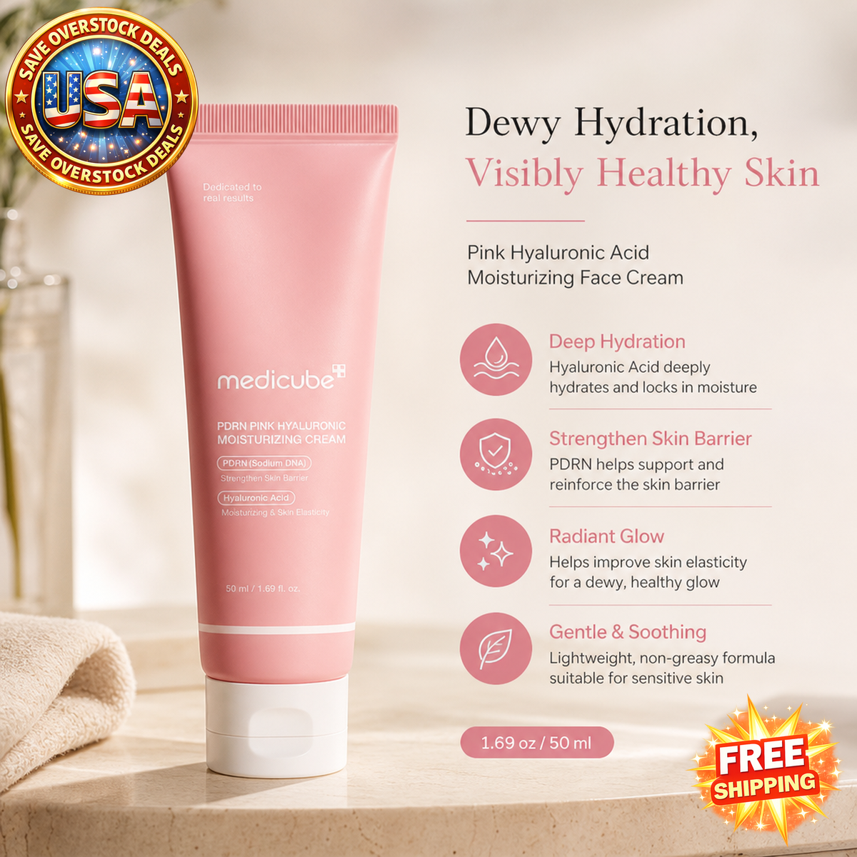 1.69oz Pink Hyaluronic Acid Moisturizing Face Cream, Hydrating Facial Lotion with PDRN Sodium DNA, Soft Glow-Boosting Daily Skin Cream For All Skin Types