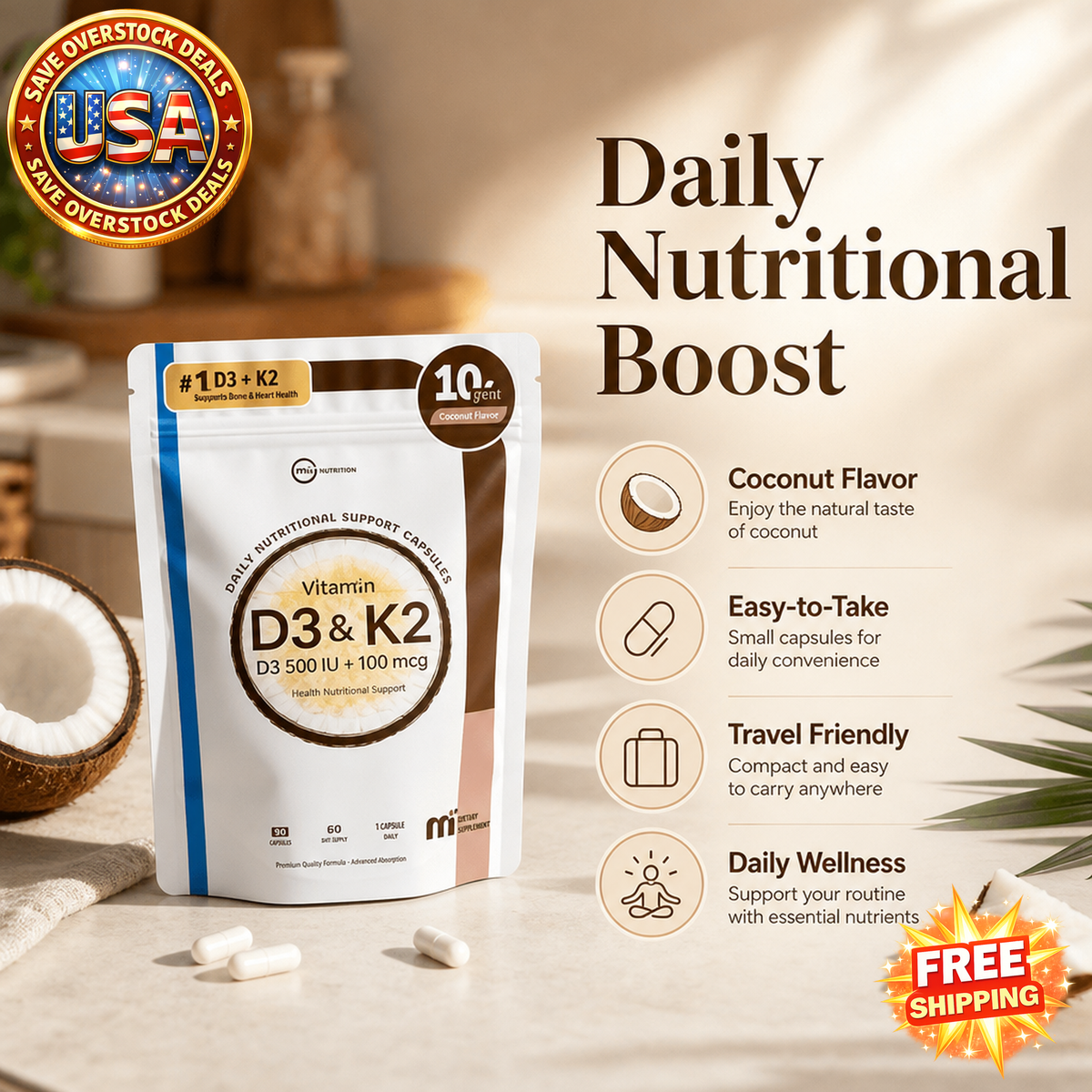 D3 & K2 Coconut Flavor Easy-to-Take Capsules Adult Daily Wellness Nutrient Supplement Resealable Pouch Pack