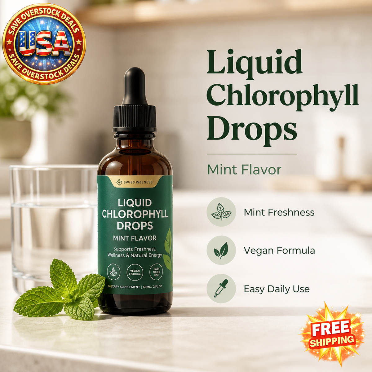 Vegan Liquid Chlorophyll Drops with Mint Flavor, 1 oz