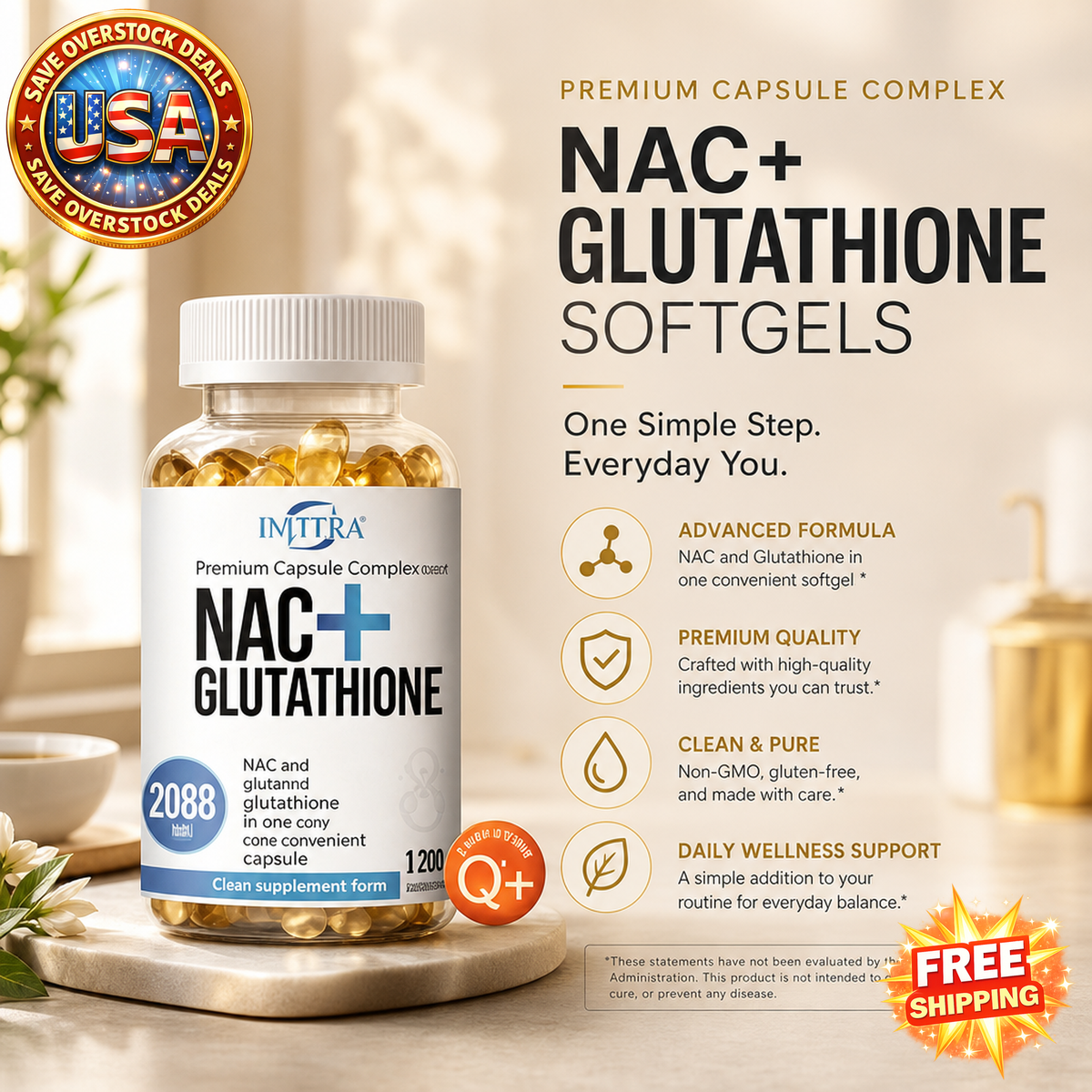NAC + Glutathione Softgels 120 Count, Multi Nutrient Blend Capsules with Vitamin C & CoQ10 Adult Daily Wellness Dietary Supplement