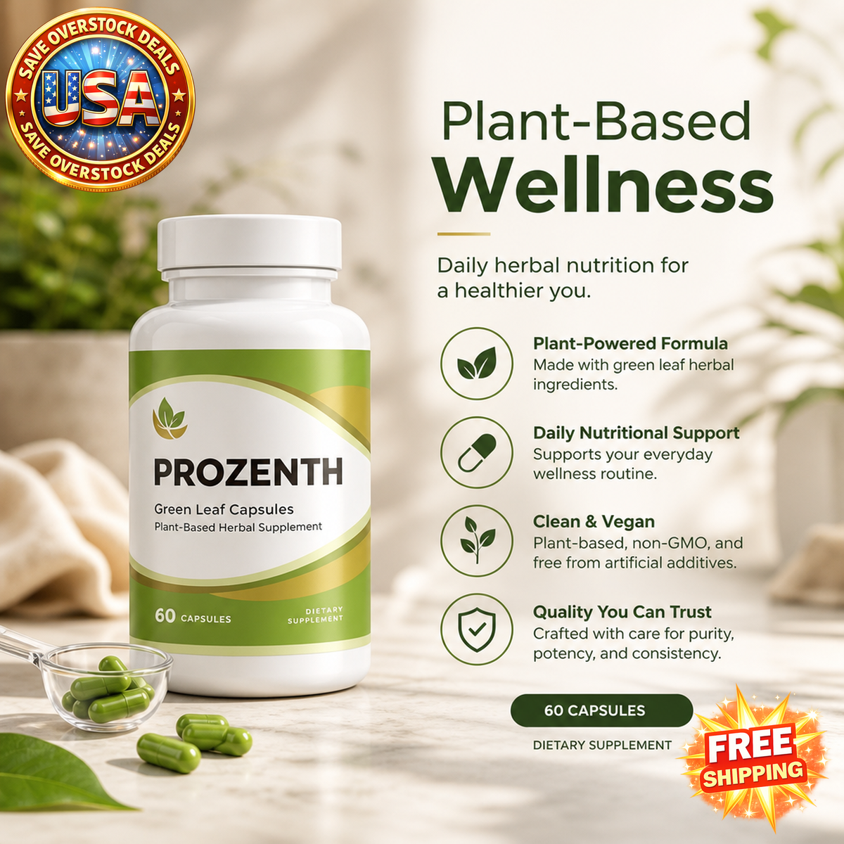 Natural Green Leaf Herbal Capsules, Plant-Based Supplement