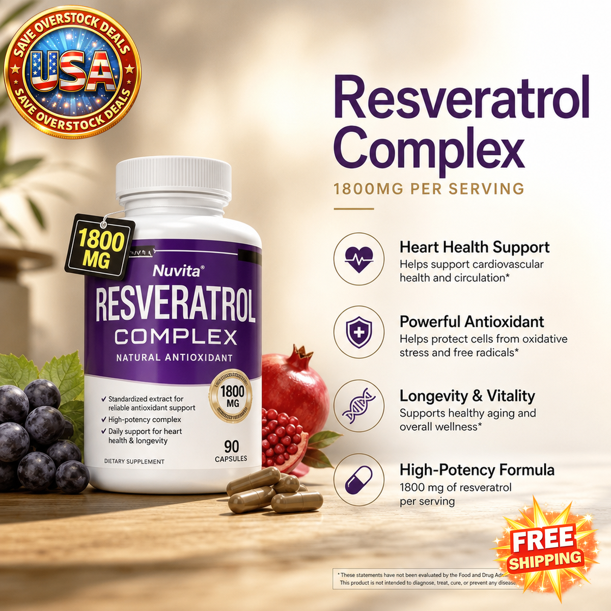 Resveratrol Complex Capsules 1800mg, Natural Antioxidant Botanical Blend, Daily Dietary Supplement for Adults, 90 Count