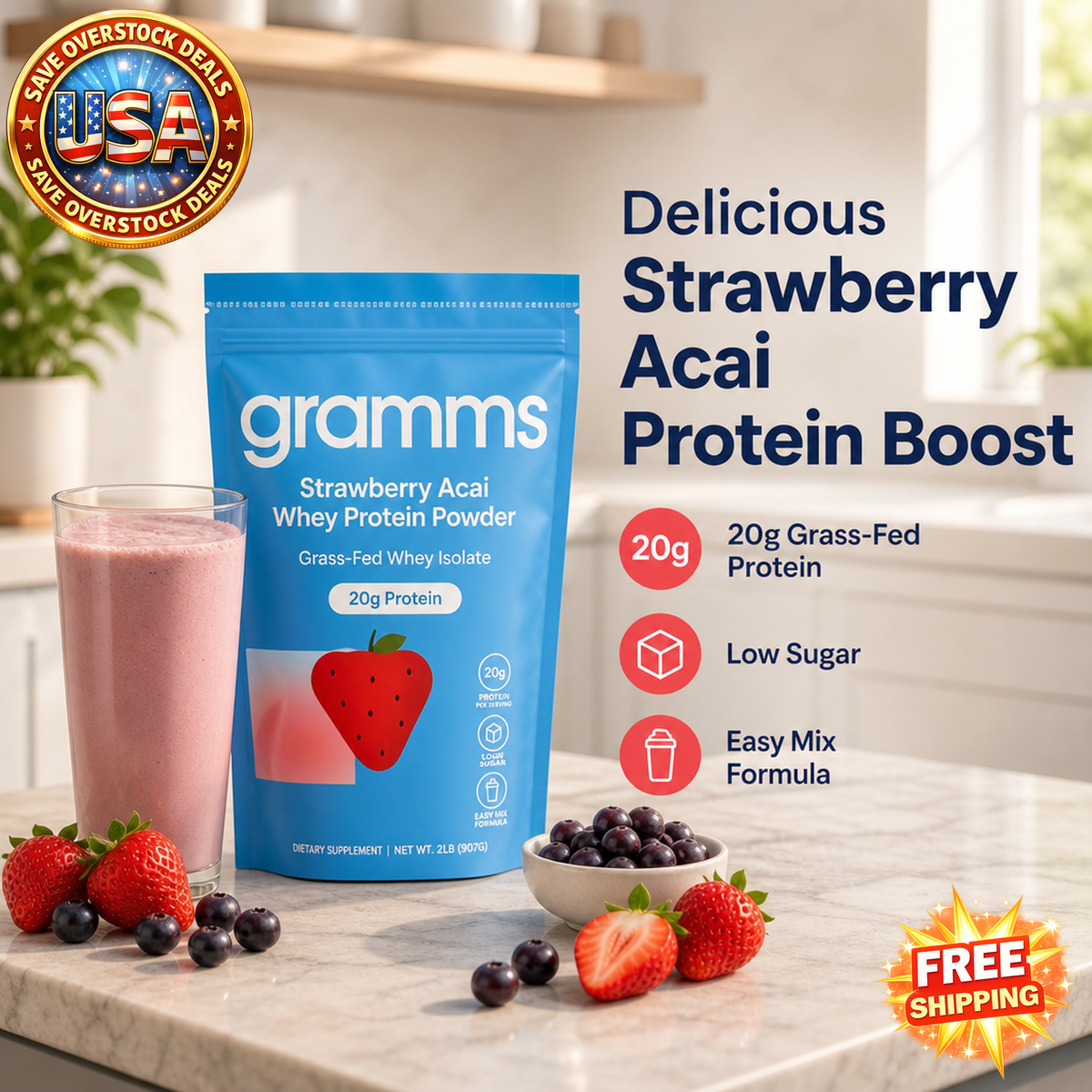 Strawberry Acai Whey Protein Powder, Grass-Fed Whey Isolate