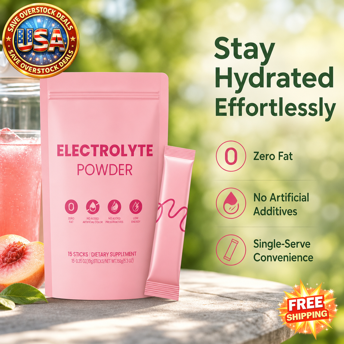 Zero Fat Electrolyte Powder Drink Mix, 15 Single Serve Sticks