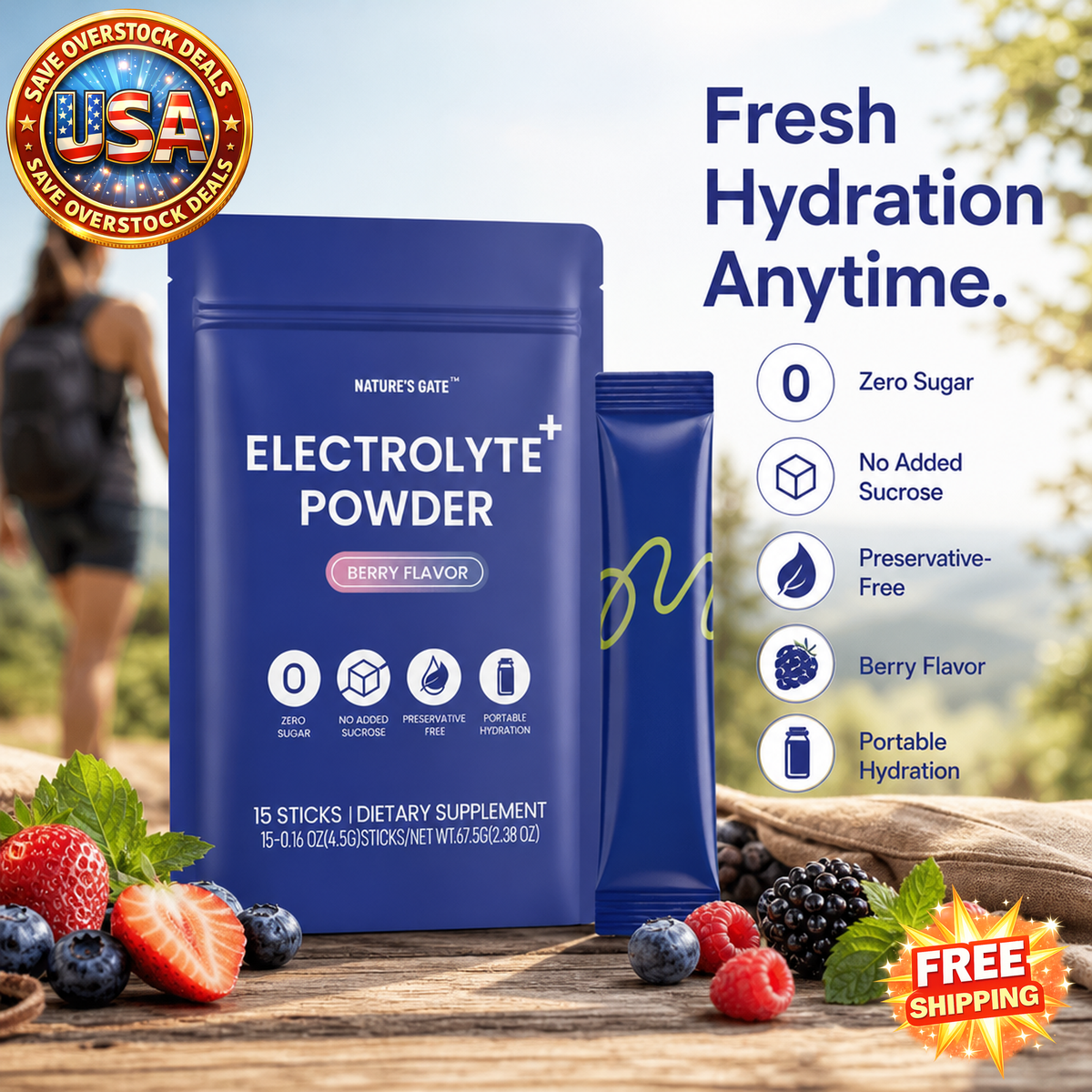 Zero Sugar Berry Electrolyte Powder, 15 Single Serve Sticks