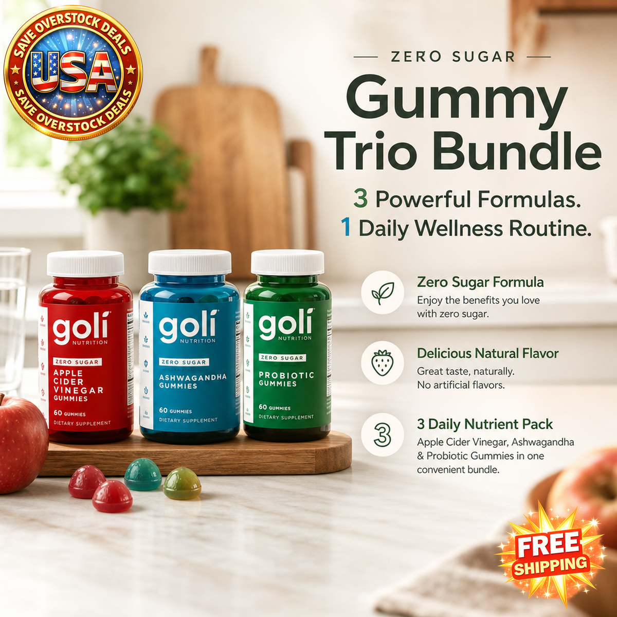 Zero Sugar Gummy Trio Bundle - Apple Cider Vinegar, Ashwagandha, Probiotic