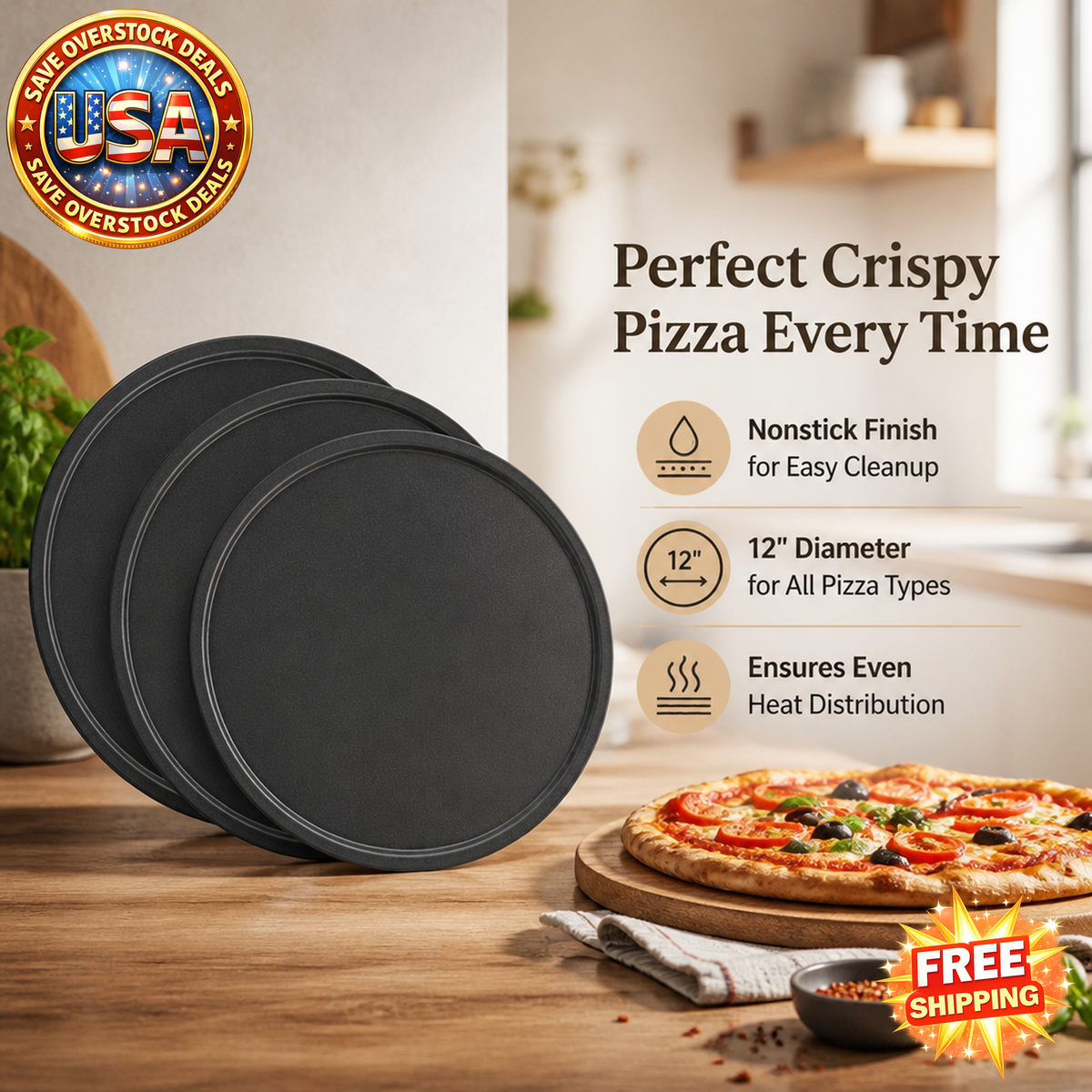 Nonstick 12" Pizza Pan Set, 3 Pack, Dark Gray
