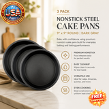 Nonstick Steel 9" Round Cake Pan Set, Dark Gray, 3 Pack