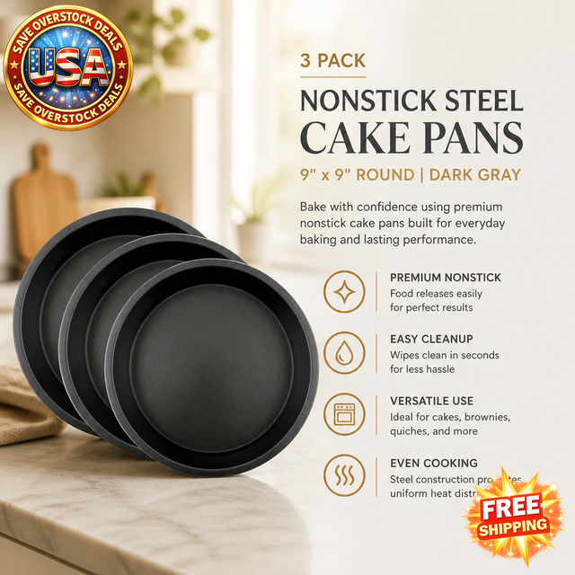 Nonstick Steel 9" Round Cake Pan Set, Dark Gray, 3 Pack