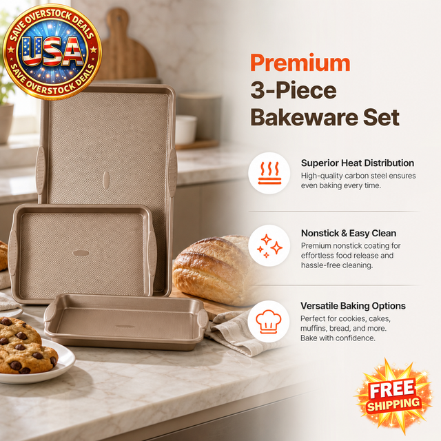 3-Piece Nonstick Baking Pans Set with Silicone Handles