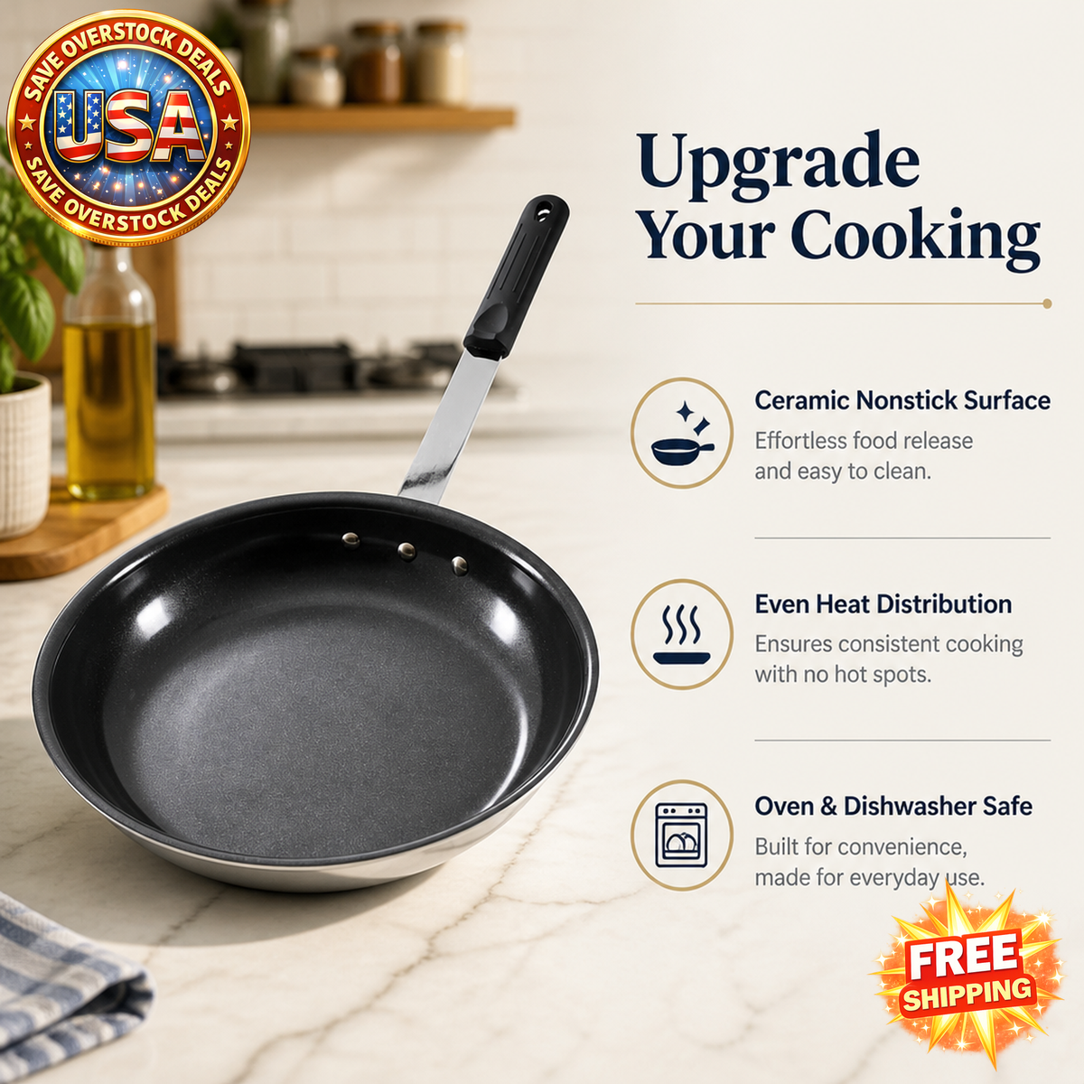 Ceramic Nonstick Egg Pan with Stainless Steel Base, Oven Safe