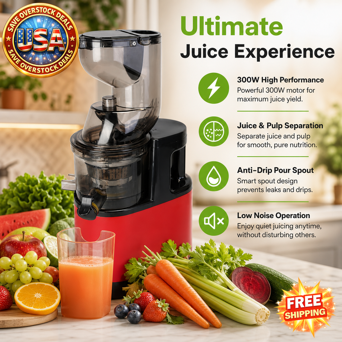 Cold Press Juicer Machine 300W with Reverse Function