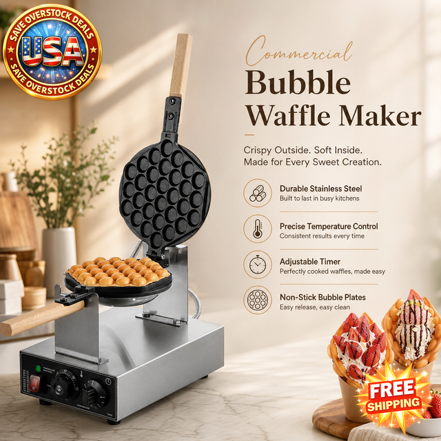 Commercial Bubble Waffle Maker, 1400W Non-Stick Machine