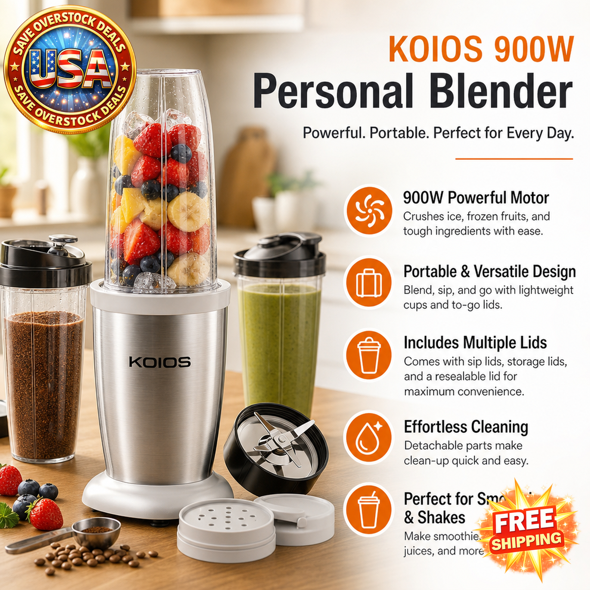 KOIOS 900W Personal Blender with 11-Piece Accessory Set