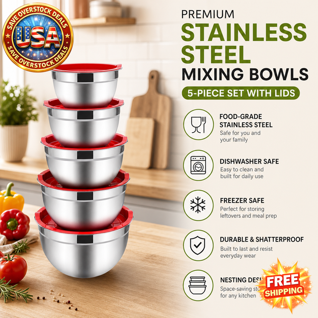 Stainless Steel Mixing Bowls Set with Lids - 5 Sizes