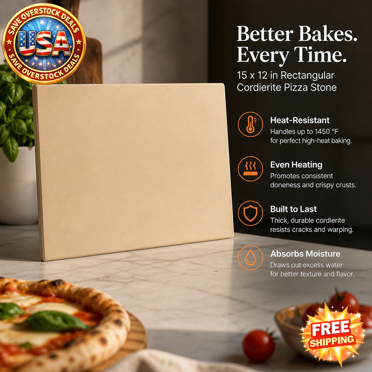 Rectangular Cordierite Pizza Stone 15 x 12 in with Scraper