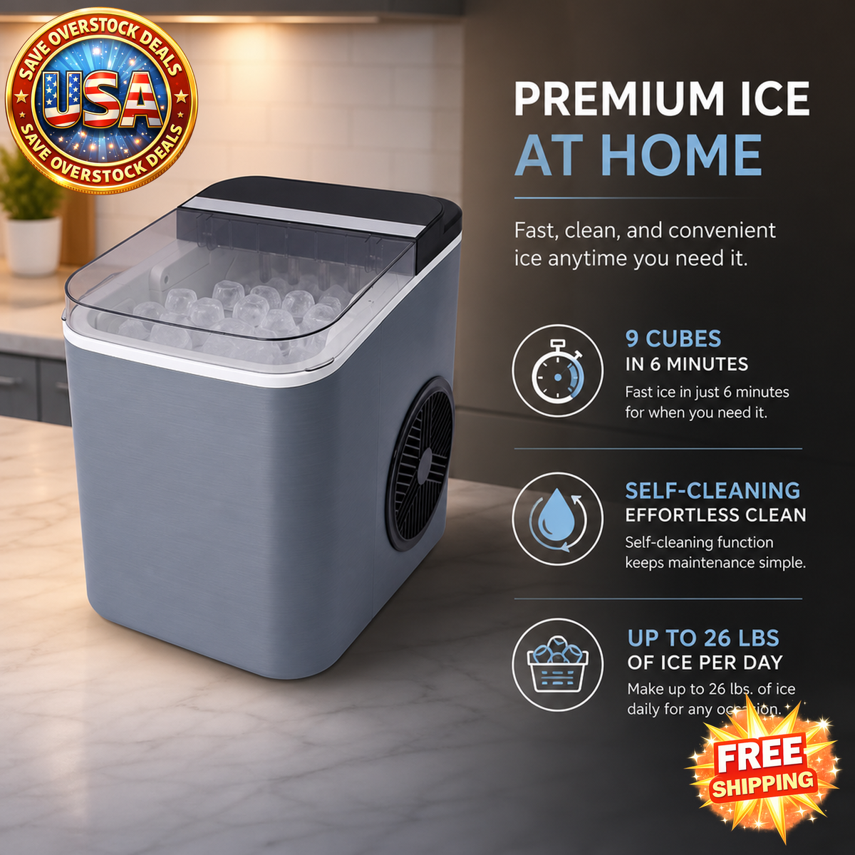 Portable Ice Maker with Self-Cleaning Function, 26 lbs/Day