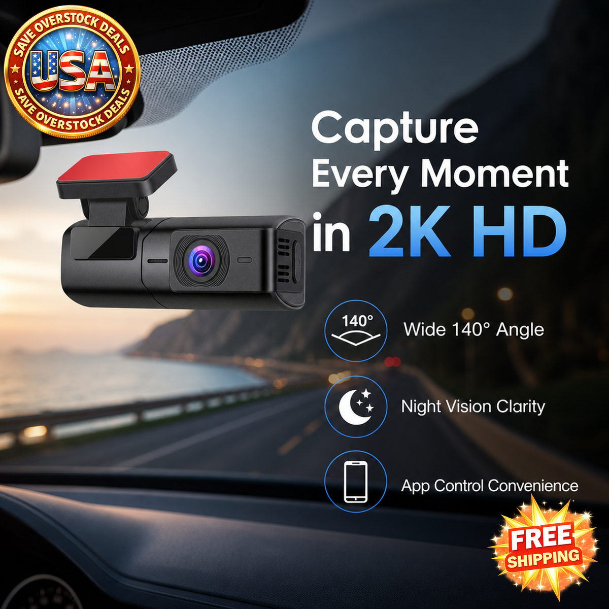 2K HD Front Dash Cam with Night Vision and WiFi Control