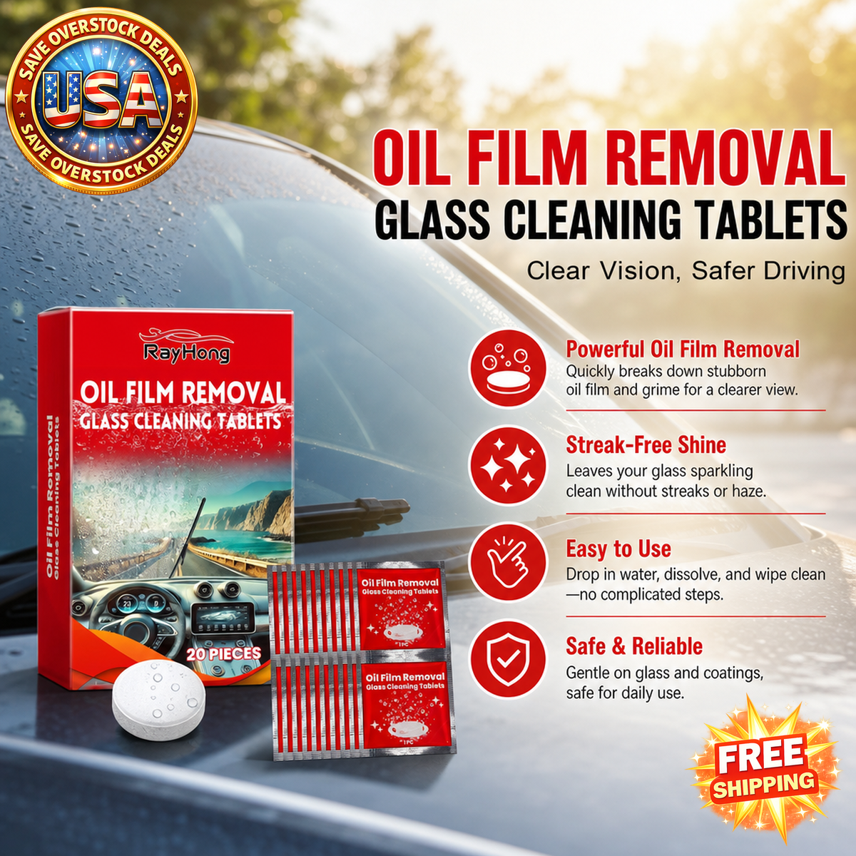 RAYHONG Automotive Glass Film Cleaning Tablets, 20 Pieces