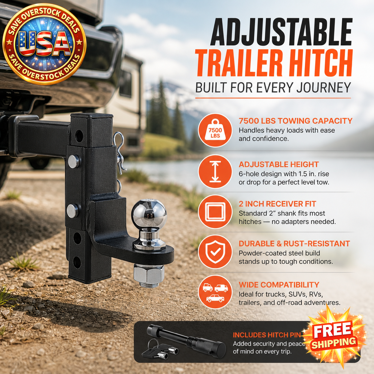 Adjustable Trailer Hitch Ball Mount for 2-Inch Receiver