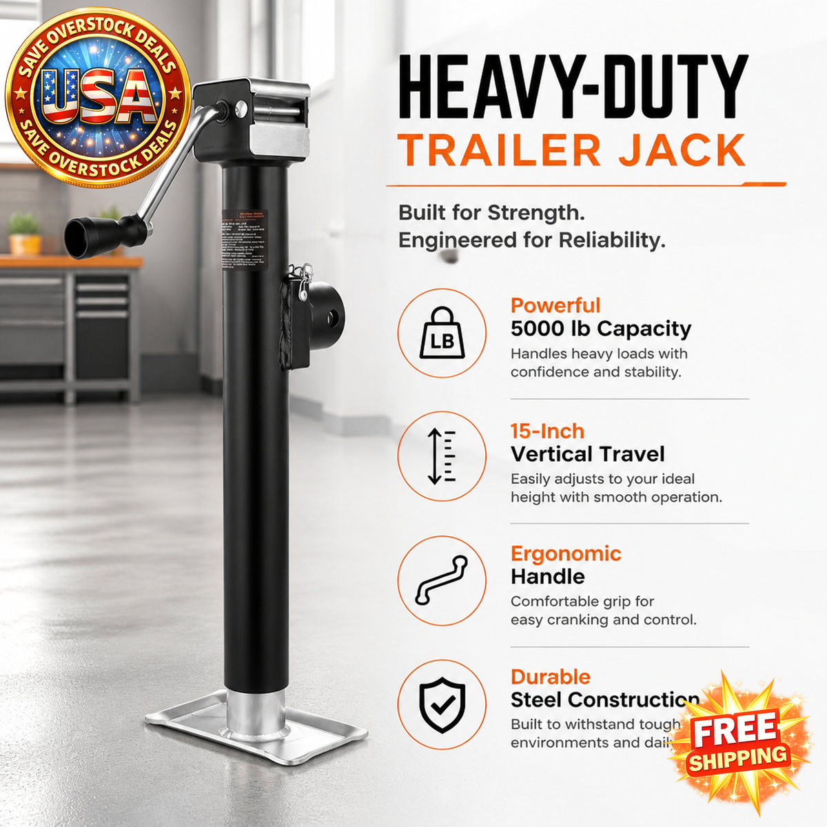 Weld-on Pipe-Mount Swivel Trailer Jack, 5000 lbs Capacity