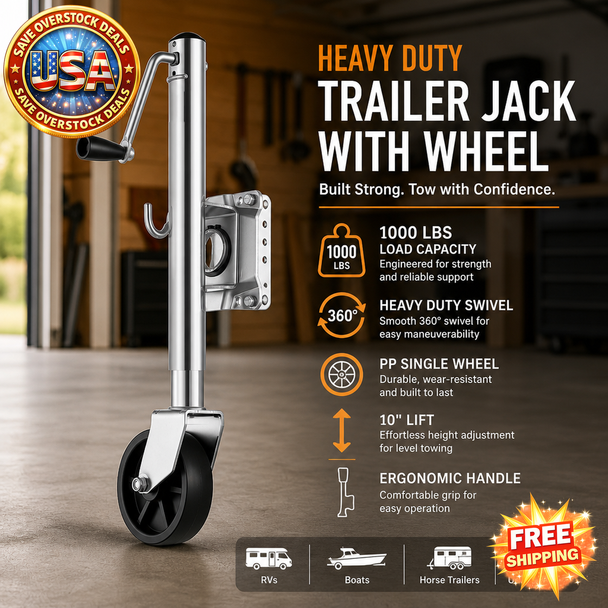 Heavy Duty Trailer Jack with Wheel, 1000 lbs Capacity