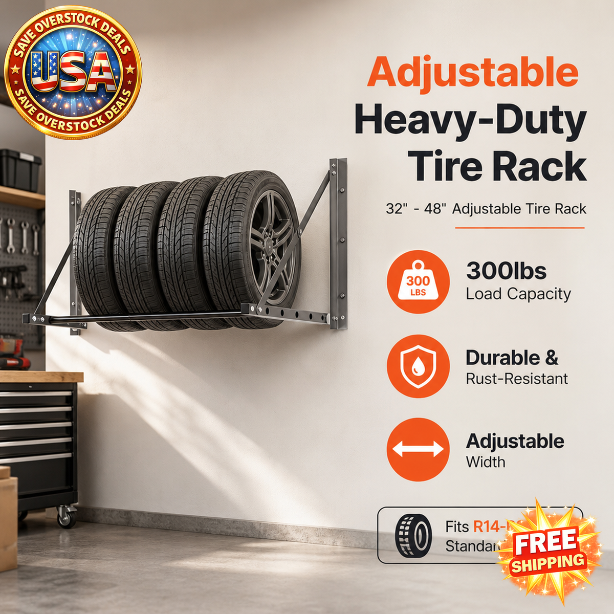 Wall Mounted Adjustable Tire Rack, Heavy-Duty Steel, 300lbs