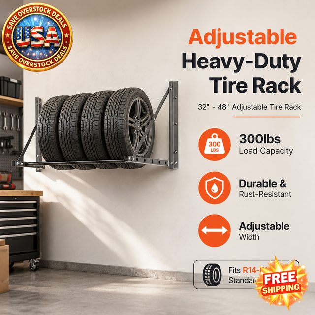 Wall Mounted Adjustable Tire Rack, Heavy-Duty Steel, 300lbs