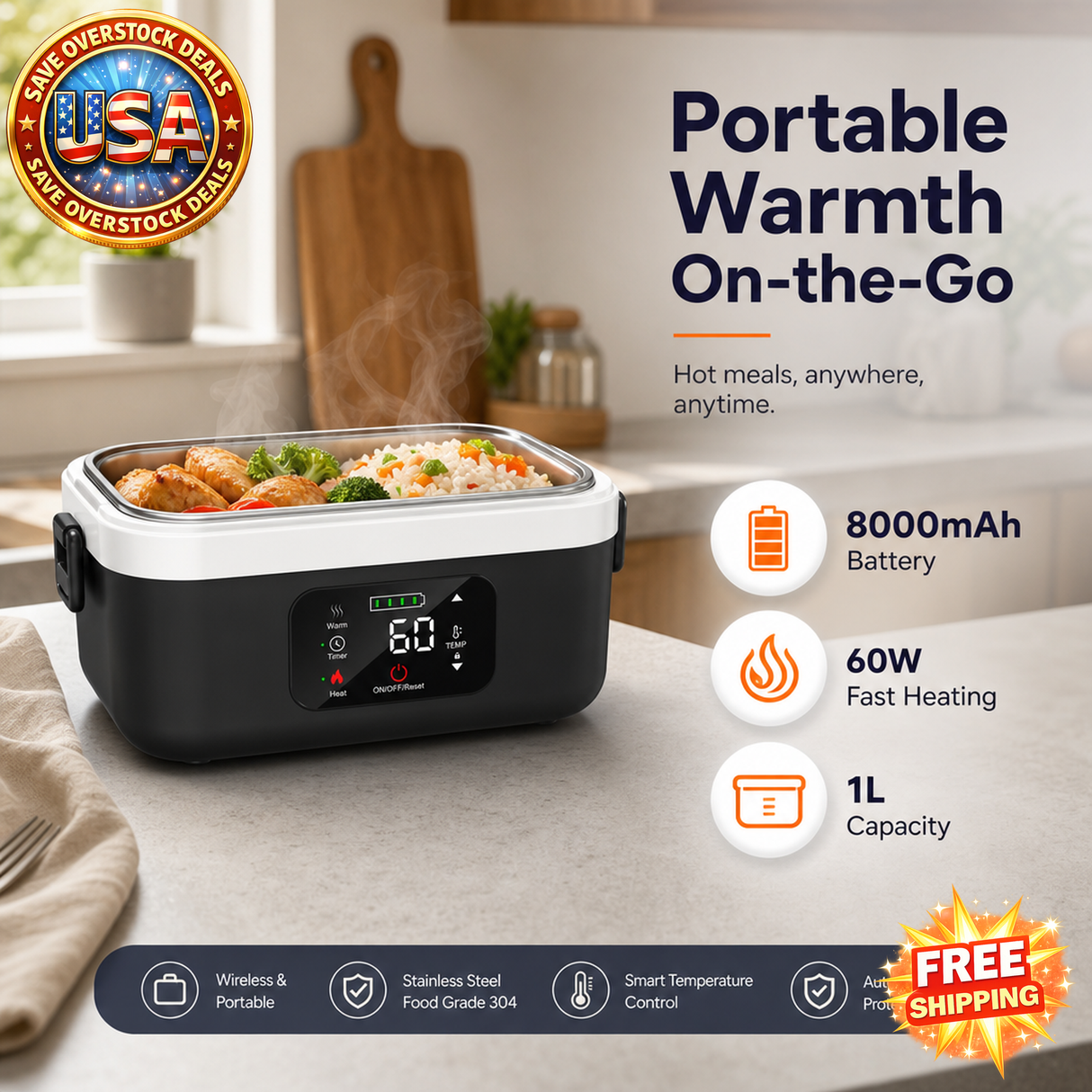Wireless Electric Lunch Box with 8000mAh Battery, 1L