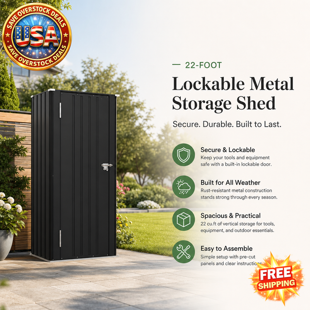 22-Foot Lockable Metal Storage Shed for Outdoor Use, Black