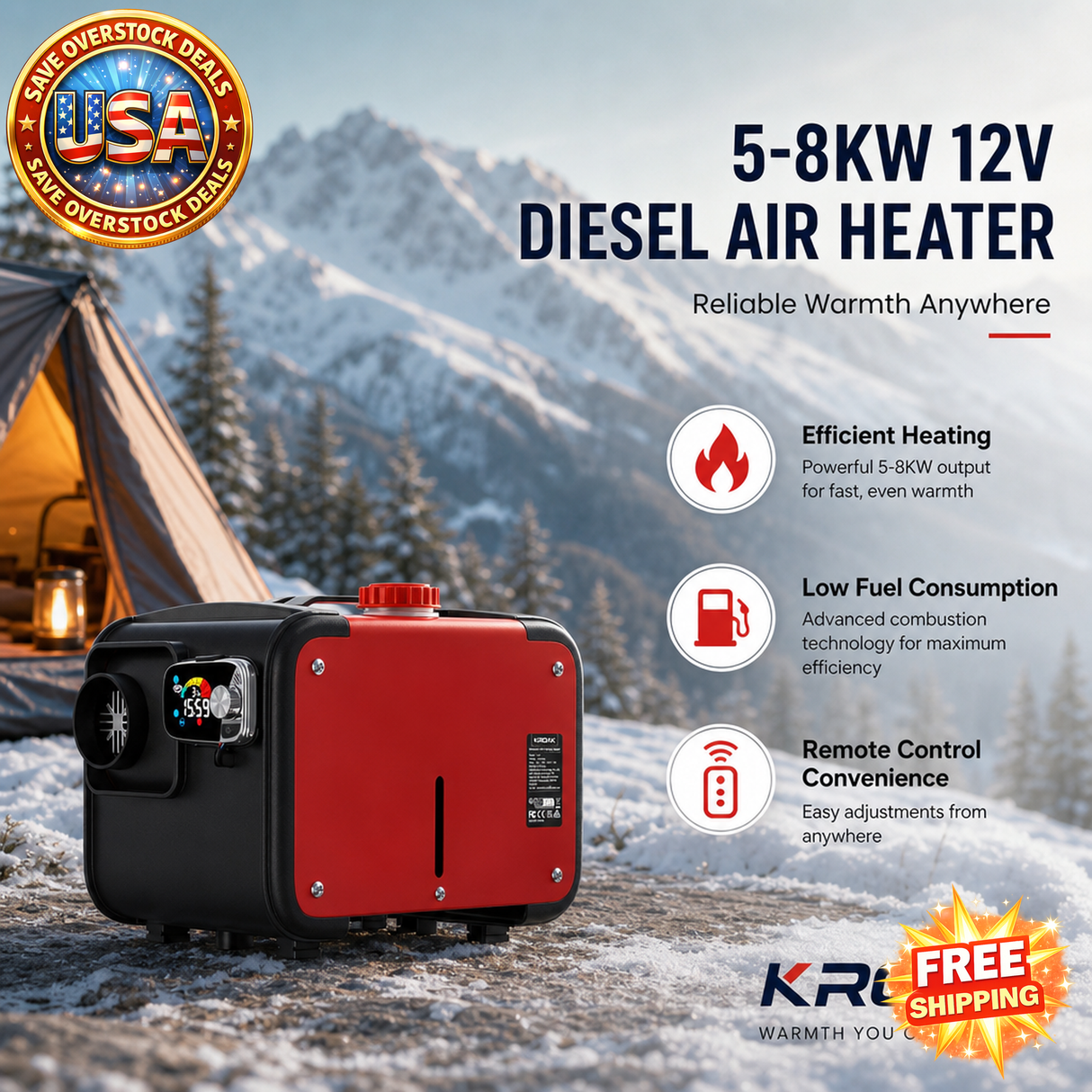 KROAK 5-8KW 12V Diesel Air Heater with LCD Switch for Vehicles