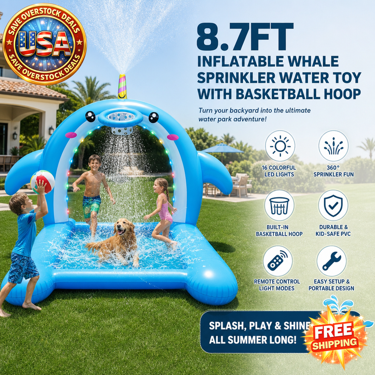 Inflatable Whale Sprinkler Water Toy with Basketball Hoop