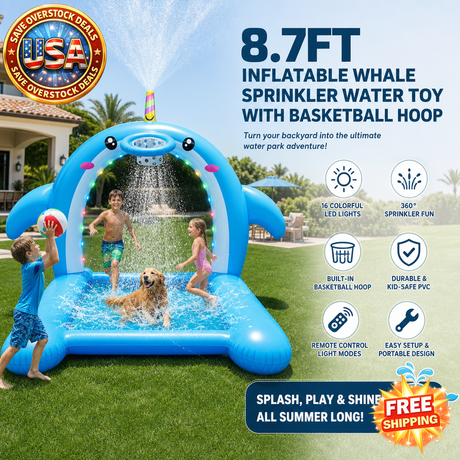 Inflatable Whale Sprinkler Water Toy with Basketball Hoop